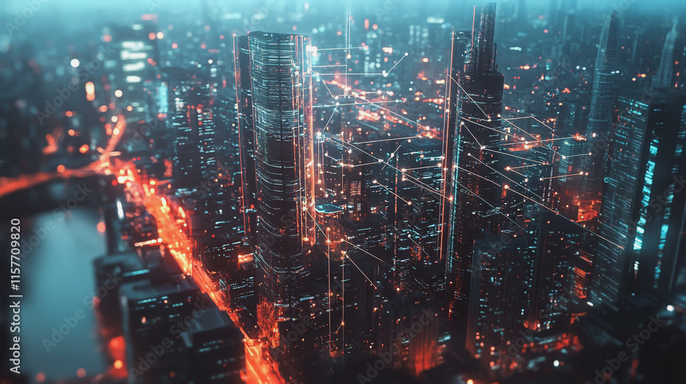 Smart digital Innovation city with connection network reciprocity over the cityscape. of future smart wireless digital city and social media networking systems that connects people with in city