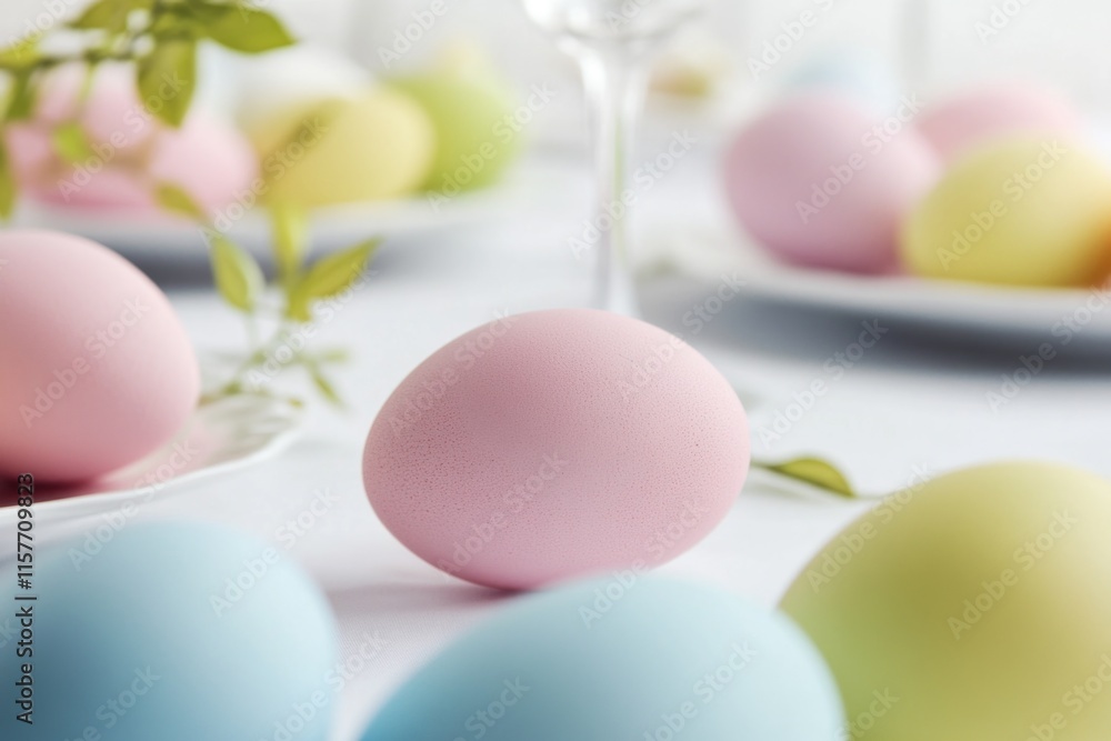 A table setting with plates filled with colored Easter eggs