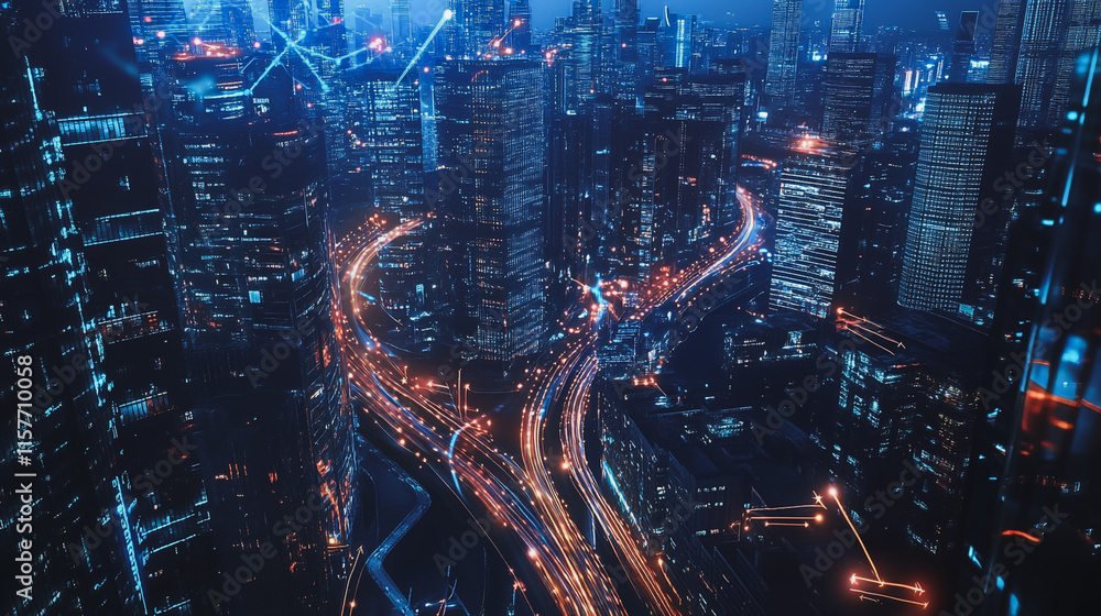 Smart digital Innovation city with connection network reciprocity over the cityscape. of future smart wireless digital city and social media networking systems that connects people with in city