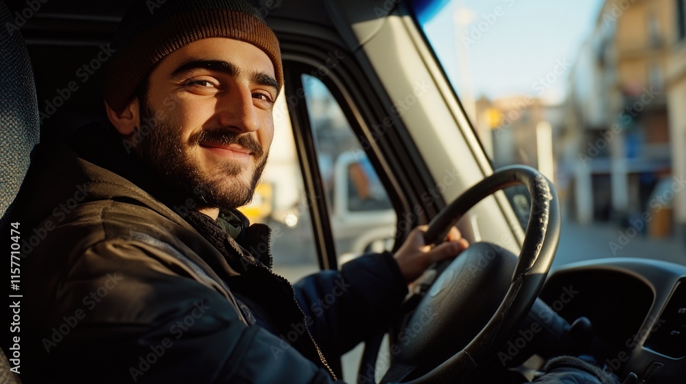 A person sitting in the driver's seat of a truck A person sitting in the driver's seat of a truck