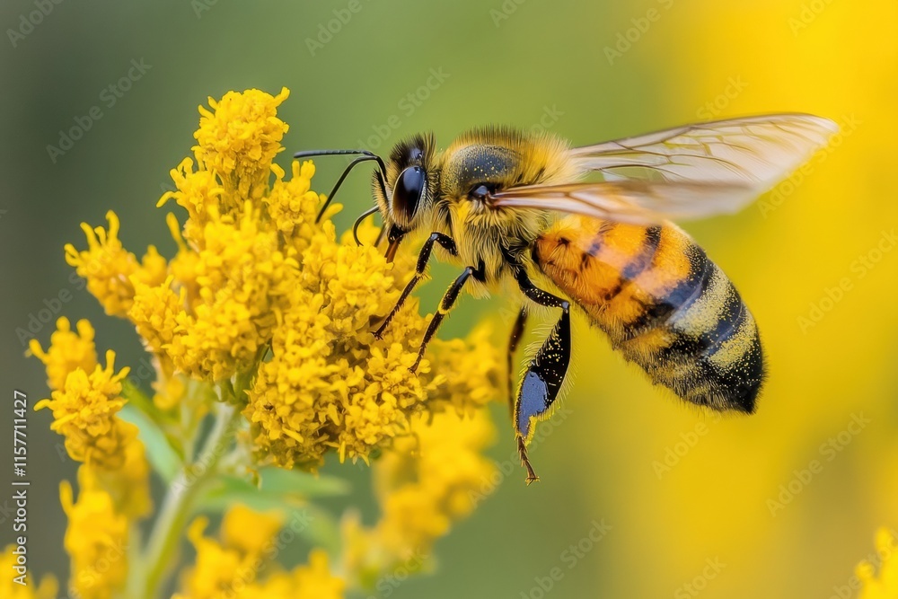 A yellow flower with a black and orange striped bee on it A yellow flower with a black and orange striped bee on it