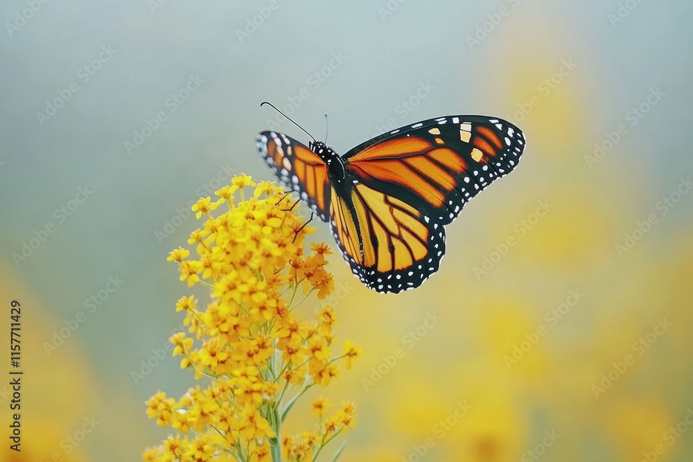 Obraz premium A butterfly is flying over a yellow flower
