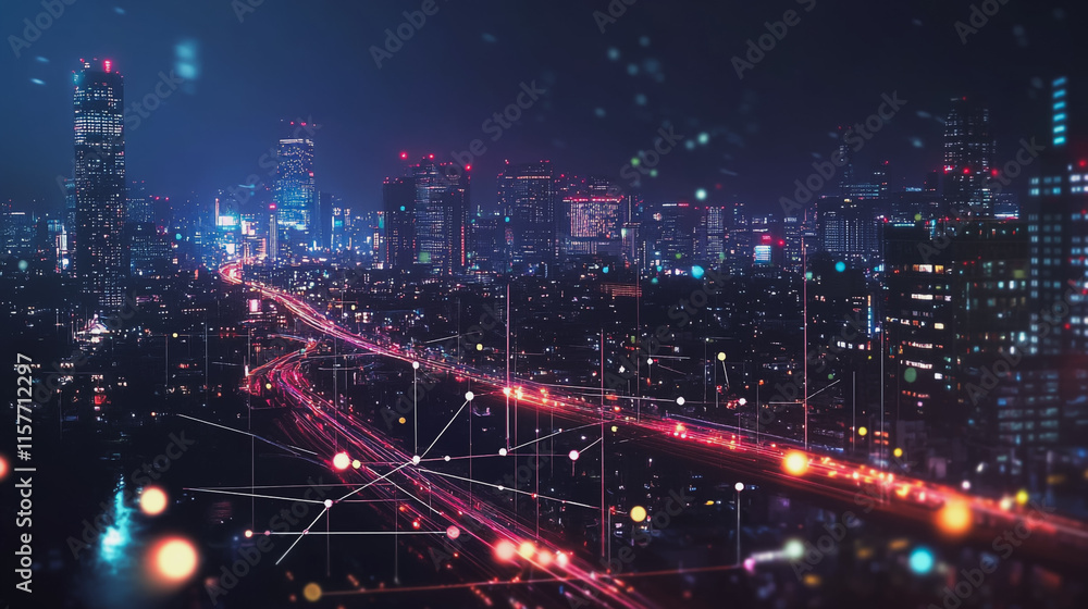 Fototapeta premium Smart digital Innovation city with connection network reciprocity over the cityscape. of future smart wireless digital city and social media networking systems that connects people with in city