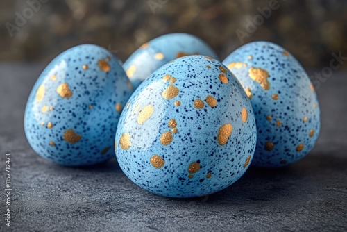 Collection of speckled eggs in shades of blue and gold, perfect for decorative or educational purposes photo