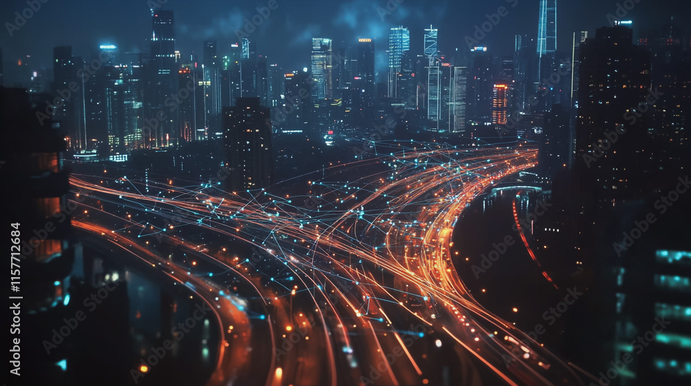 Naklejka premium Smart digital Innovation city with connection network reciprocity over the cityscape. of future smart wireless digital city and social media networking systems that connects people with in city