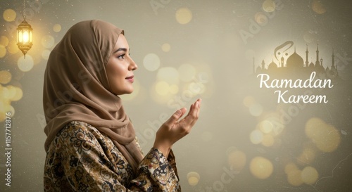 Beautiful Asian Muslim woman in hijab dress sitting and praying.  Ramadan kareem background with copy space 
