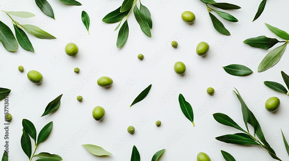 Naklejka premium A cluster of fresh, delicious green olives displayed with their glossy skin, perfectly highlighting their ripeness and quality.
