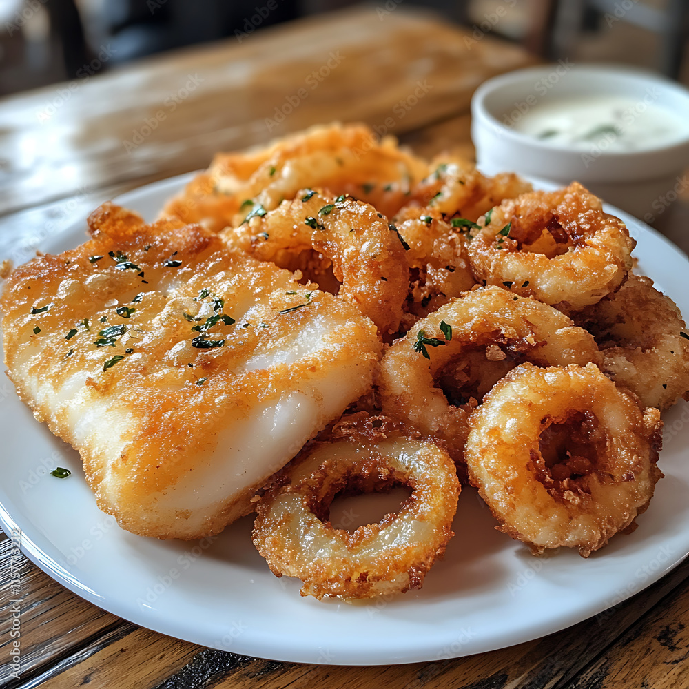 Crispy fried fish fillet served with golden onion rings and dipping sauce. delicious meal perfect for seafood lovers, showcasing delightful combination of textures and flavors Crispy fried fish fillet served with golden onion rings and dipping sauce. delicious meal perfect for seafood lovers, showcasing delightful combination of textures and flavors