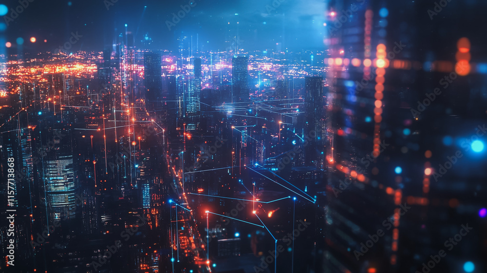 Smart digital Innovation city with connection network reciprocity over the cityscape. of future smart wireless digital city and social media networking systems that connects people with in city Smart digital Innovation city with connection network reciprocity over the cityscape. of future smart wireless digital city and social media networking systems that connects people with in city