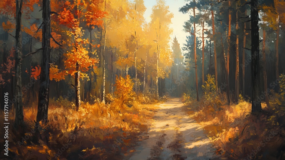 A forest pathway winding through an autumn landscape, with vibrant fall foliage and dappled sunlight streaming through the trees on a sunny day. A forest pathway winding through an autumn landscape, with vibrant fall foliage and dappled sunlight streaming through the trees on a sunny day.