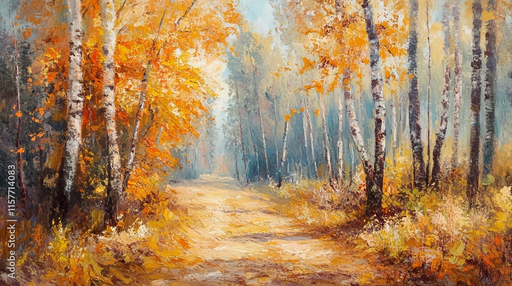 Obraz premium A forest pathway winding through an autumn landscape, with vibrant fall foliage and dappled sunlight streaming through the trees on a sunny day.