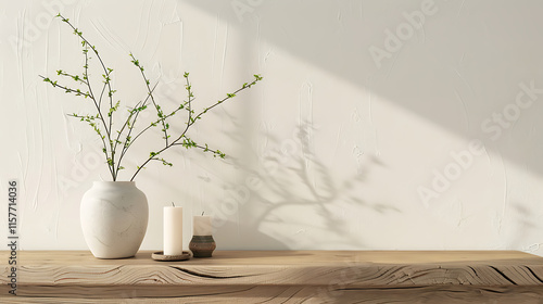 traditional interior wall mockup with green twigs in a vase and a candle standing on a light brown wooden table against an empty white background, ideal for showcasing home decor and interior design c