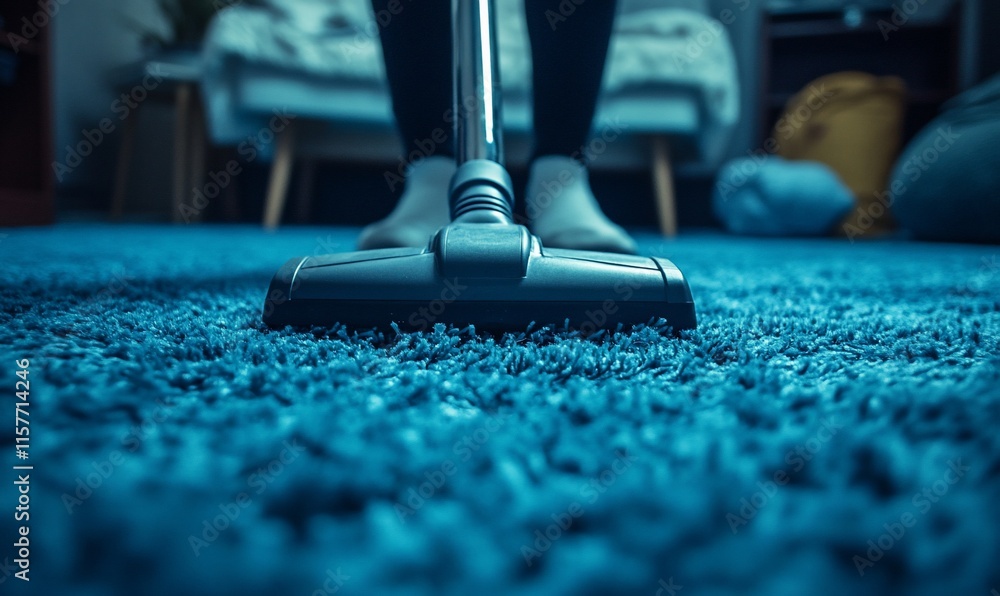 A person vacuuming a plush carpet in a cozy room.