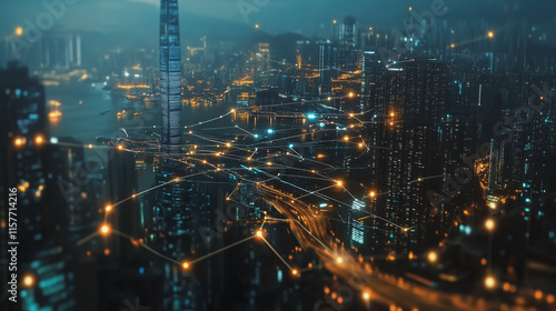 Wallpaper Mural Smart digital Innovation city with connection network reciprocity over the cityscape. of future smart wireless digital city and social media networking systems that connects people with in city Torontodigital.ca