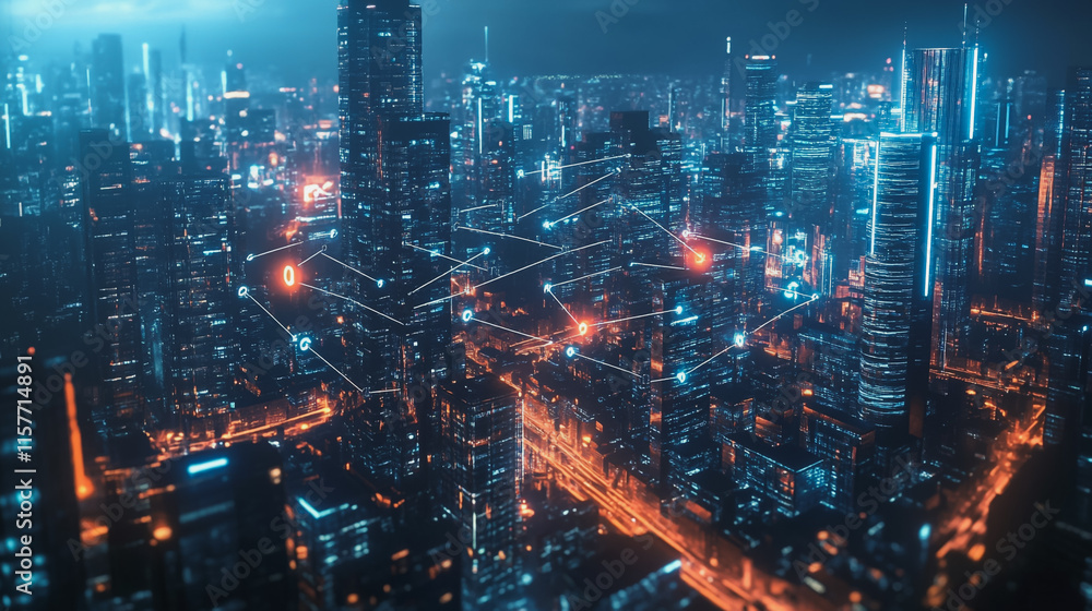 Smart digital Innovation city with connection network reciprocity over the cityscape. of future smart wireless digital city and social media networking systems that connects people with in city Smart digital Innovation city with connection network reciprocity over the cityscape. of future smart wireless digital city and social media networking systems that connects people with in city