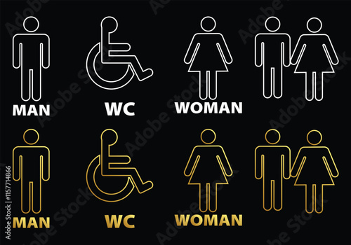 Vector golden and white men's and women's disabled restroom signage set