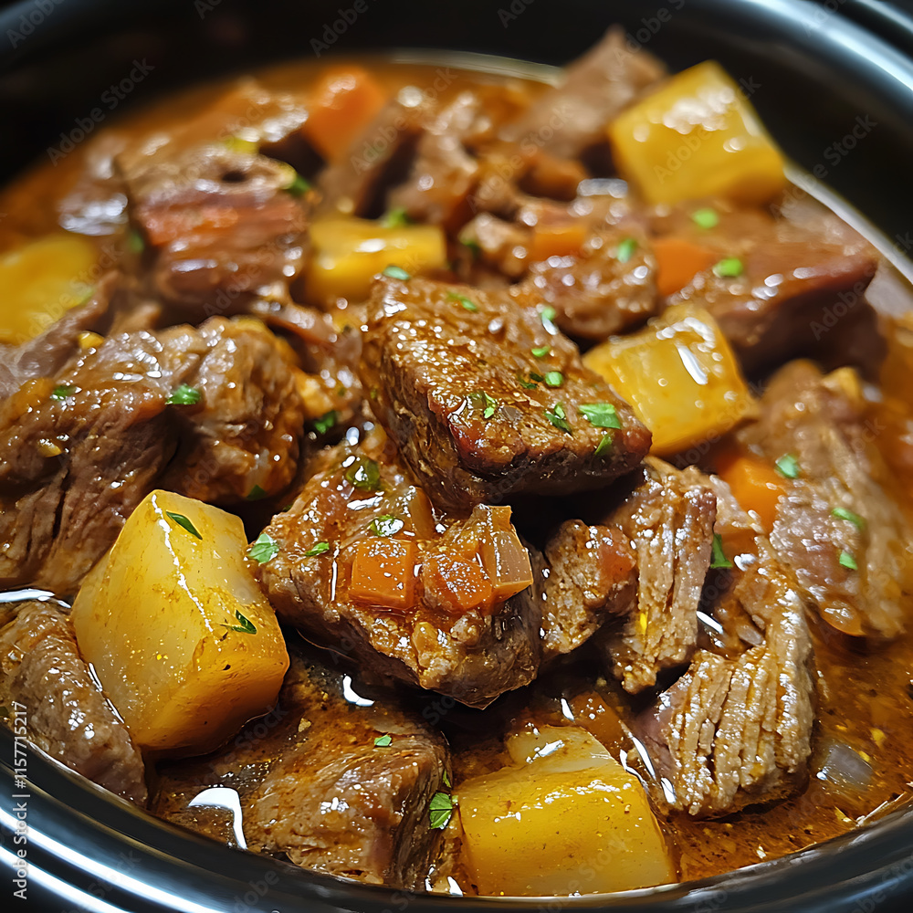 Delicious beef stew with tender meat and vegetables, simmered to perfection. This hearty dish features chunks of beef, potatoes, and carrots, creating comforting meal Delicious beef stew with tender meat and vegetables, simmered to perfection. This hearty dish features chunks of beef, potatoes, and carrots, creating comforting meal