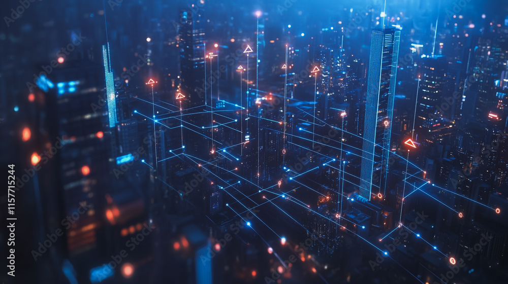 Obraz premium Smart digital Innovation city with connection network reciprocity over the cityscape. of future smart wireless digital city and social media networking systems that connects people with in city