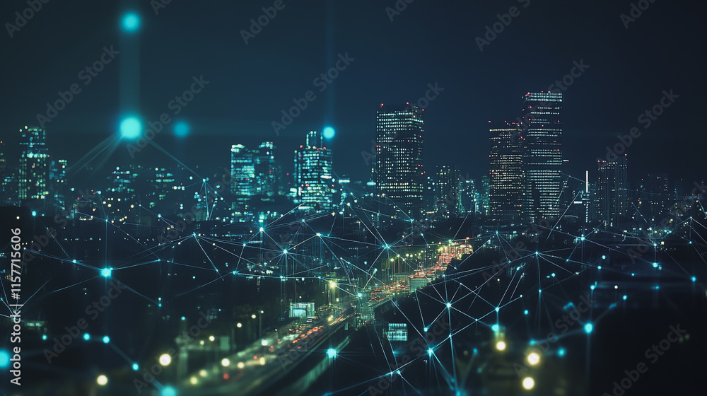 Smart digital Innovation city with connection network reciprocity over the cityscape. of future smart wireless digital city and social media networking systems that connects people with in city Smart digital Innovation city with connection network reciprocity over the cityscape. of future smart wireless digital city and social media networking systems that connects people with in city