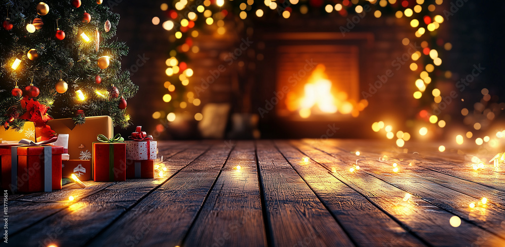 A cozy Christmas setting featuring a Christmas tree, wrapped gifts, and a fireplace with glowing lights. Ideal for holiday, family, and Christmas imagery. A cozy Christmas setting featuring a Christmas tree, wrapped gifts, and a fireplace with glowing lights. Ideal for holiday, family, and Christmas imagery.