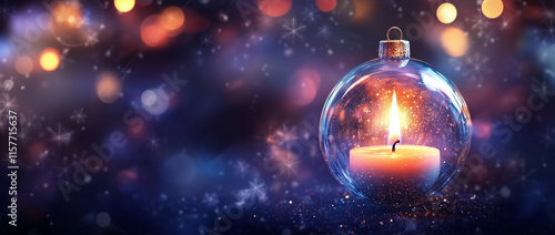 A serene Christmas scene featuring a glass ornament with a candle burning inside, surrounded by bokeh lights. Perfect for festive, cozy holiday imagery. photo