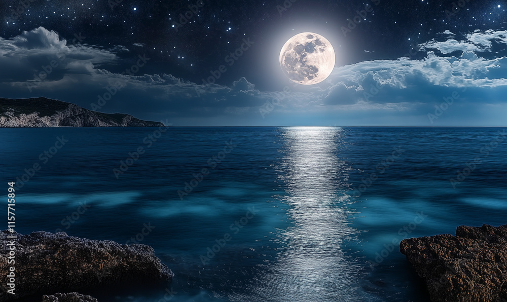 A full moon shining brightly over a calm sea, with clouds and stars in the night sky. Ideal for moonlit, nature, and evening landscapes. A full moon shining brightly over a calm sea, with clouds and stars in the night sky. Ideal for moonlit, nature, and evening landscapes.