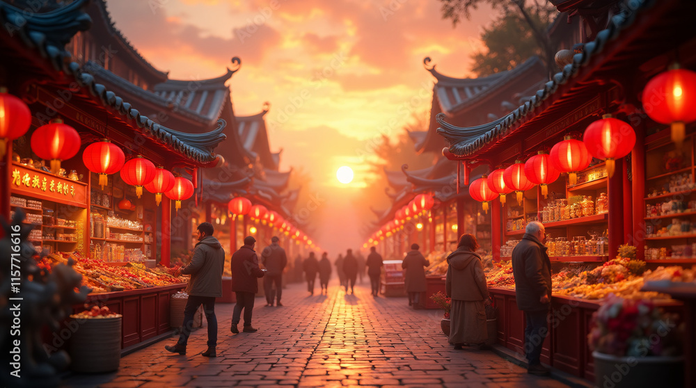 Fototapeta premium Street market at sunset with red lanterns for Chinese New Year