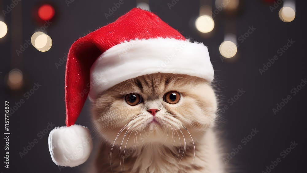 ginger purebred cat in a Christmas red hat on a blurred bokeh background ginger purebred cat in a Christmas red hat on a blurred bokeh background