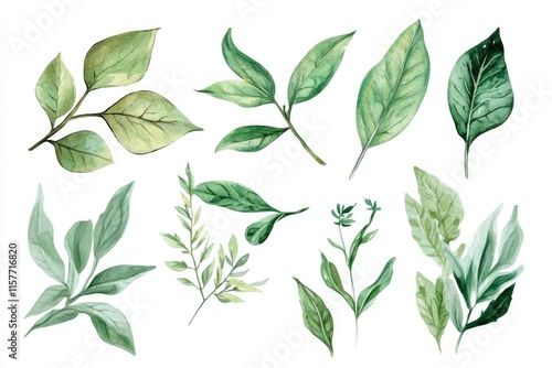 Fresh green leaves arranged on a clean white surface