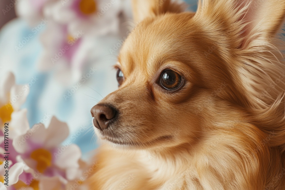 A brown dog sits on a bed next to fresh flowers