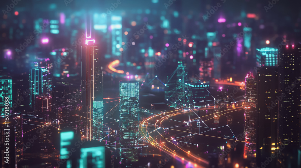 Smart digital Innovation city with connection network reciprocity over the cityscape. of future smart wireless digital city and social media networking systems that connects people with in city Smart digital Innovation city with connection network reciprocity over the cityscape. of future smart wireless digital city and social media networking systems that connects people with in city