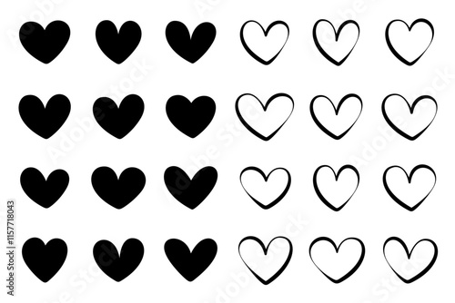 Set of black hearts, stylized hearts of different shapes on a white background. Hearts for Valentine's Day. Vector illustration. Love romance and wedding symbols