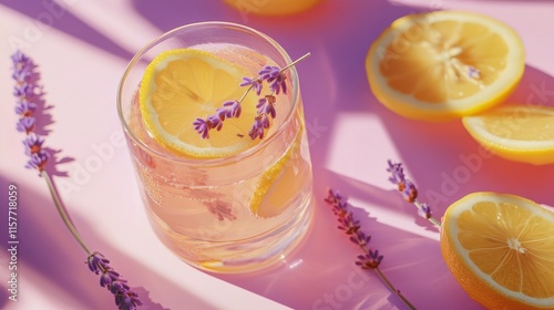 Refreshing lavender lemonade in a glass with lemon slices and lavender sprigs on a vibrant background photo