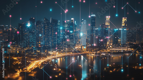 Wallpaper Mural Smart digital Innovation city with connection network reciprocity over the cityscape. of future smart wireless digital city and social media networking systems that connects people with in city Torontodigital.ca