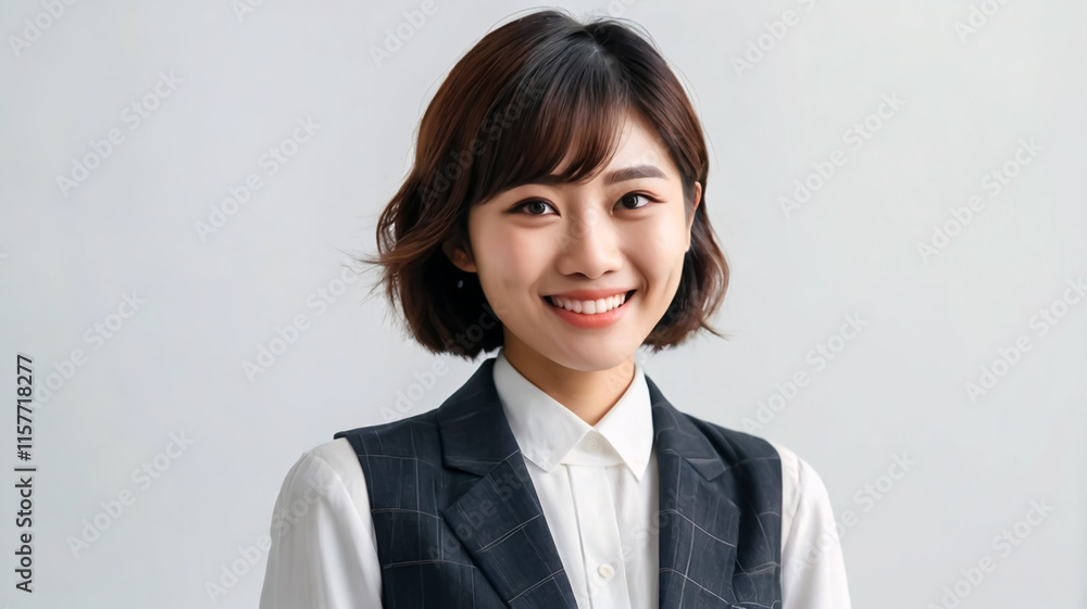 Potrait of Japanese woman short hair wearing formal black suits smiling front camera on white background ai generate Potrait of Japanese woman short hair wearing formal black suits smiling front camera on white background ai generate