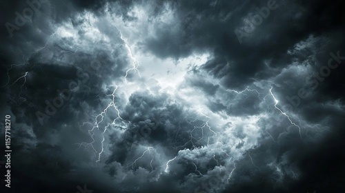Dramatic stormy sky with dark grey clouds and bright lightning strikes
