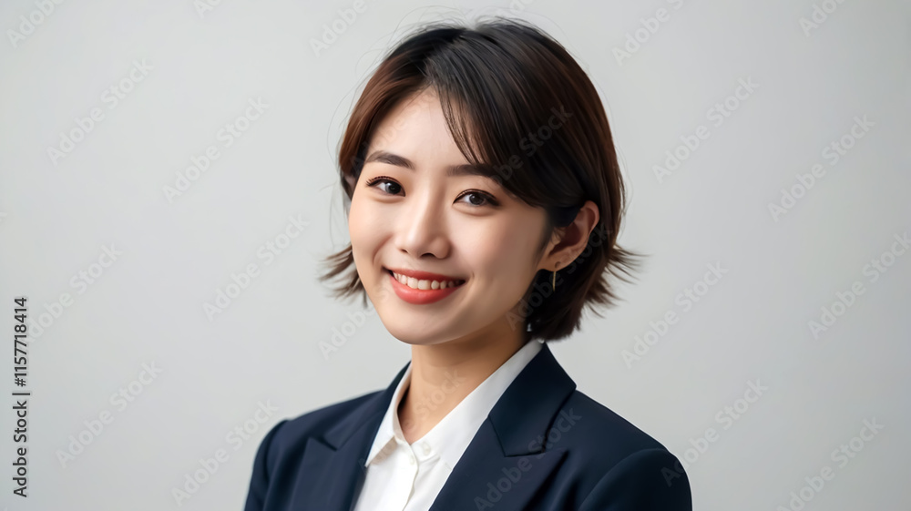 Potrait of Japanese woman short hair wearing formal black suits smiling front camera on white background ai generate Potrait of Japanese woman short hair wearing formal black suits smiling front camera on white background ai generate