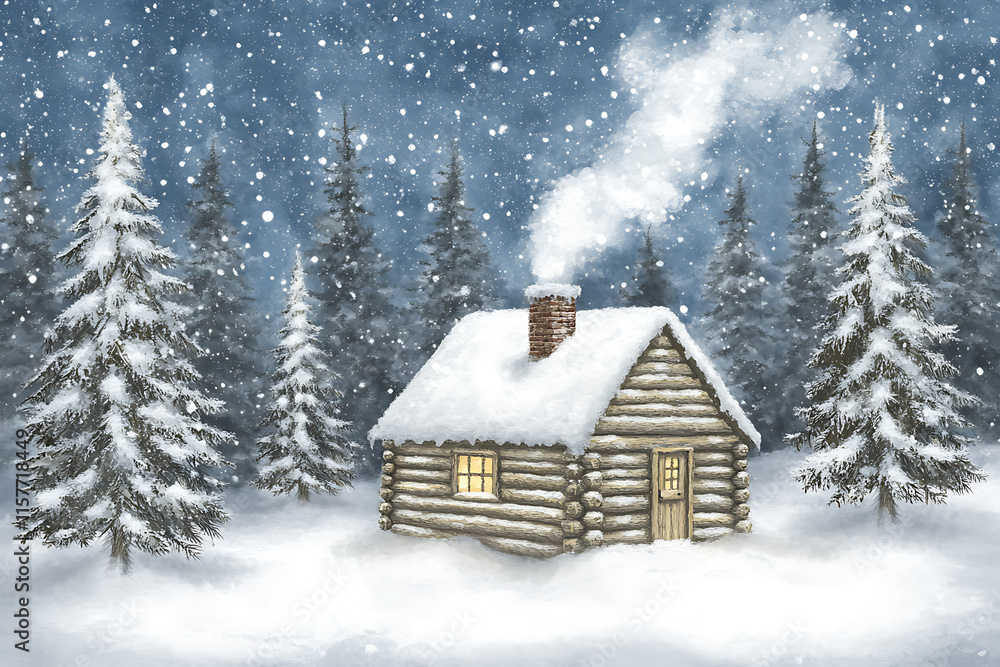 Naklejka premium A warm village hut in a snowy forest, smoke billowing from the chimney, surrounded by tall pine trees. Perfect for holiday or winter projects