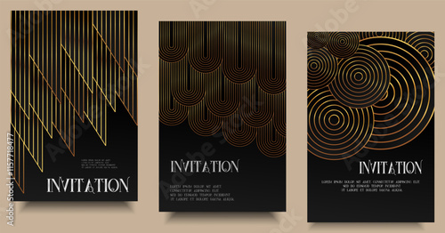 Luxury invitation, Elegant template, Card frame art deco flyer and square card set. Golden geometric gradient on dark background. Premium design for gala, grand opening, party invitation, layout.