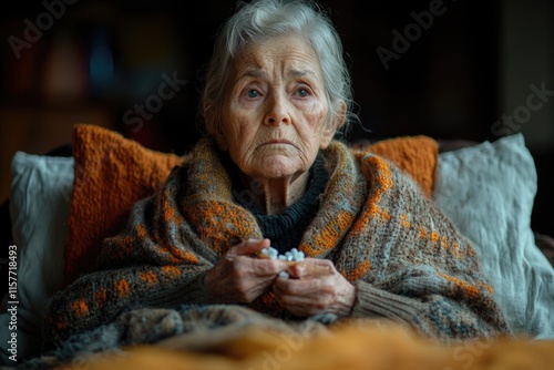 A senior woman sits comfortably in her chair wrapped in a warm blanket, perfect for a cozy moment or a nostalgic scene photo