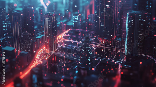 Smart digital Innovation city with connection network reciprocity over the cityscape. of future smart wireless digital city and social media networking systems that connects people with in city