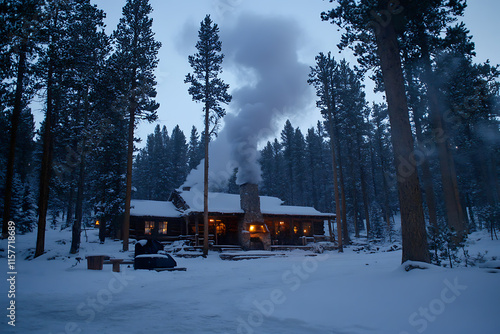 A warm village hut in a snowy forest, smoke billowing from the chimney, surrounded by tall pine trees. Perfect for holiday or winter projects photo