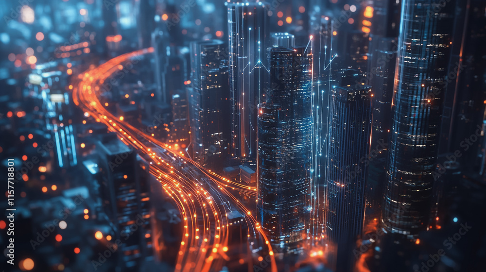 Obraz premium Smart digital Innovation city with connection network reciprocity over the cityscape. of future smart wireless digital city and social media networking systems that connects people with in city