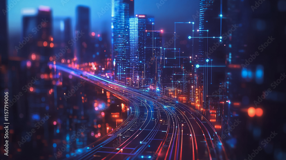 Smart digital Innovation city with connection network reciprocity over the cityscape. of future smart wireless digital city and social media networking systems that connects people with in city