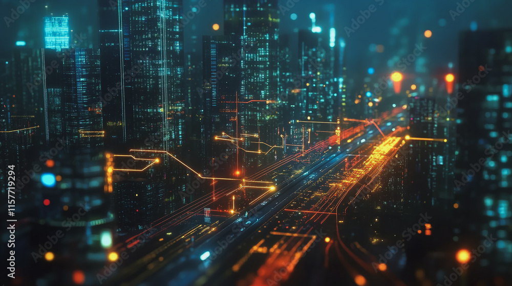 Naklejka premium Smart digital Innovation city with connection network reciprocity over the cityscape. of future smart wireless digital city and social media networking systems that connects people with in city