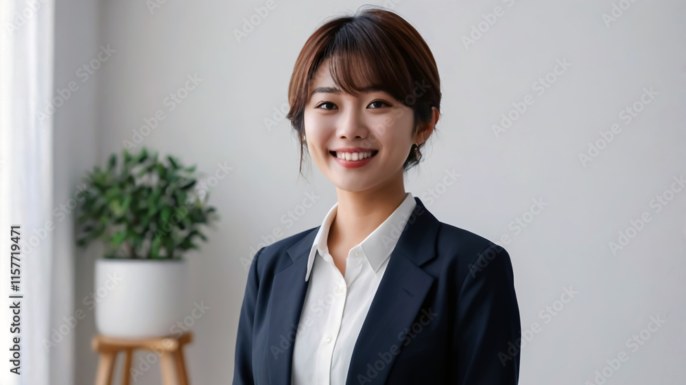 Potrait of Japanese woman short hair wearing formal black suits smiling front camera on white background ai generate Potrait of Japanese woman short hair wearing formal black suits smiling front camera on white background ai generate