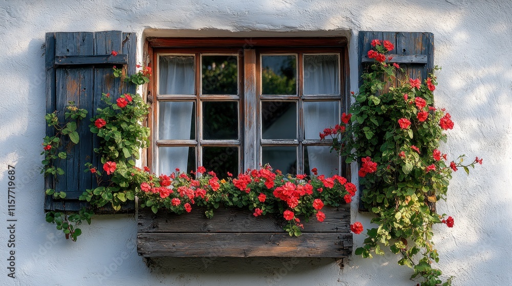 Rustic window with red flowers and shutters. Rustic window with red flowers and shutters.