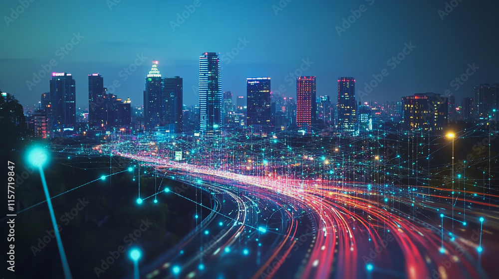 Fototapeta premium Smart digital Innovation city with connection network reciprocity over the cityscape. of future smart wireless digital city and social media networking systems that connects people with in city