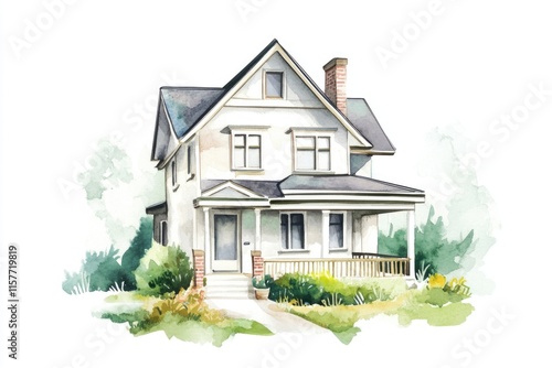 Watercolor illustration of a single house on a clean white background