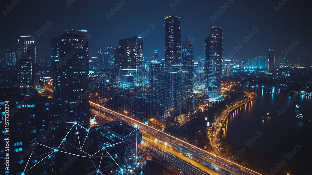 Fototapeta premium Smart digital Innovation city with connection network reciprocity over the cityscape. of future smart wireless digital city and social media networking systems that connects people with in city